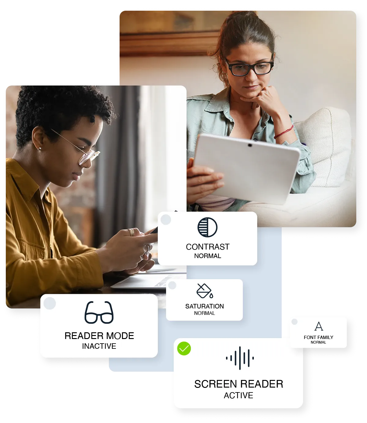 Két nő az eszközeiken akadálymentes weboldalt böngész.